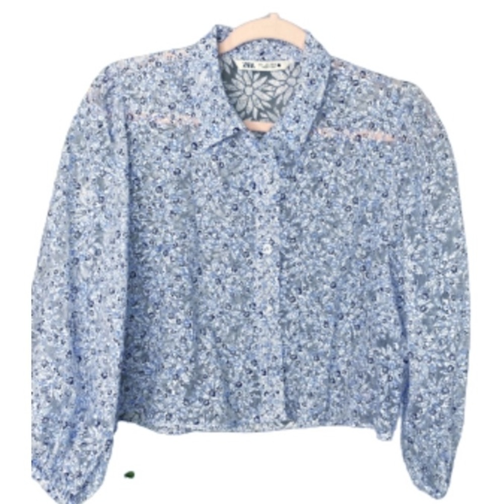 Zara daisy floral print sheer crop blouse in blue